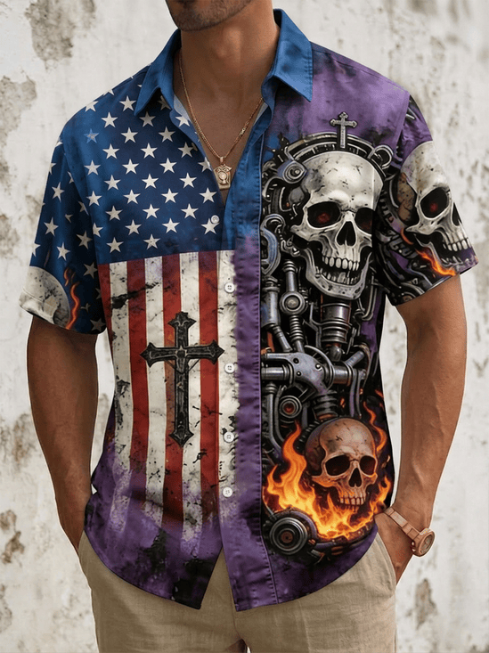 USA 250th Anniversary Hawaiian Button Shirt Mechanical Skull USA Flag Clothing Patriotic Gift