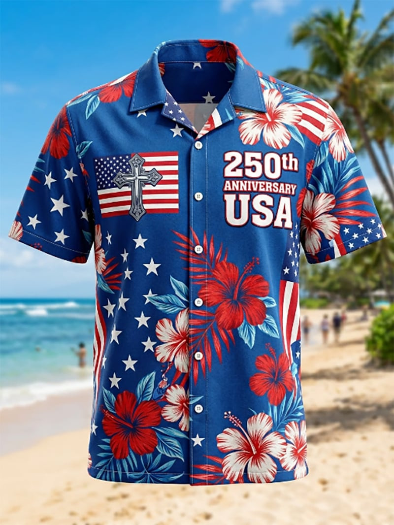 USA 250th Anniversary Hawaiian Shirt Patriotic Christian Tropical Hibiscus Clothing Gift Ideas