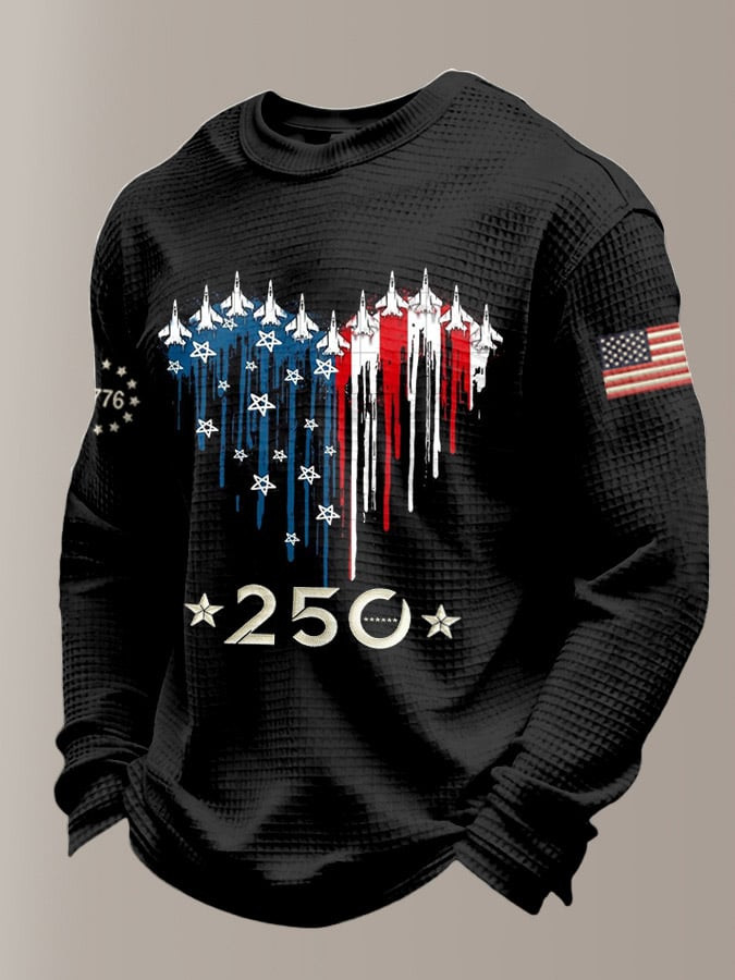 USA 250th Anniversary Long Sleeve Shirt American Flag Fighter Jet Heart Patriotic Apparel