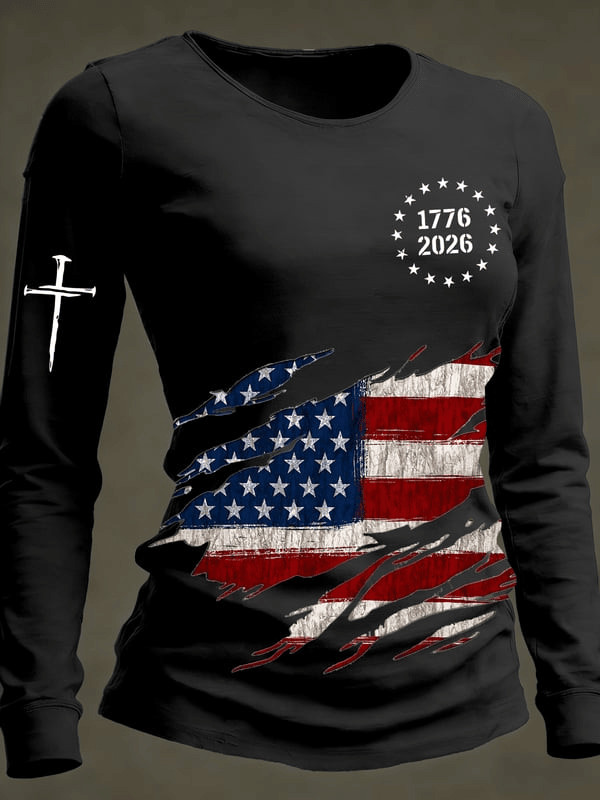 USA 250th Anniversary Long Sleeve Shirt Faith Cross American Flag 1776 2026 Merch Her Gifts