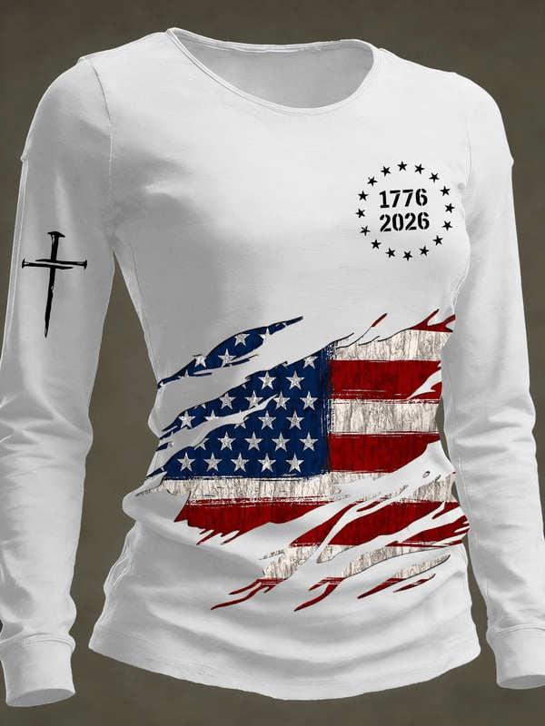 USA 250th Anniversary Long Sleeve Shirt Faith Cross American Flag Apparel Patriotic Presents