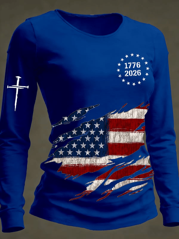 USA 250th Anniversary Long Sleeve Shirt Faith Cross American Flag Women's Patriotic Apparel