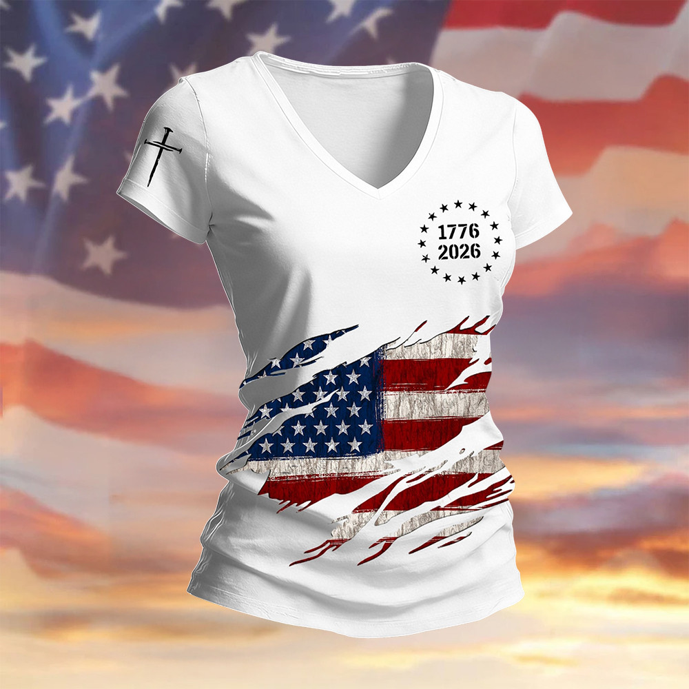 USA 250th Anniversary National Flag V-Neck Shirt 1776 2026 4Th Of July Outfits Patriotic Present