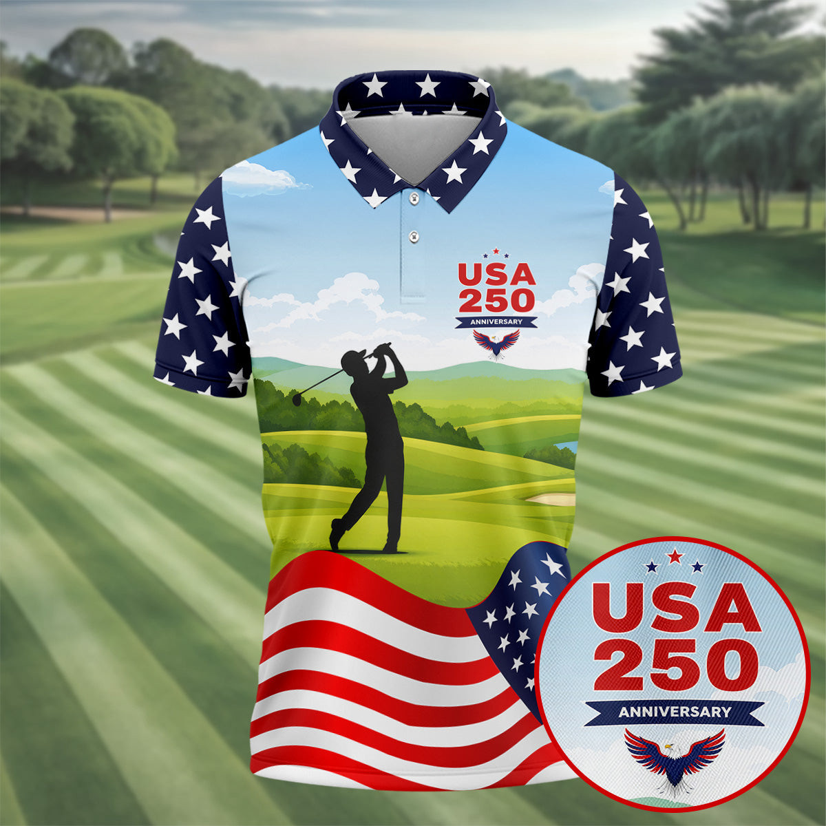 USA 250th Anniversary Polo Shirt American Flag Apparel Gift For Golfers