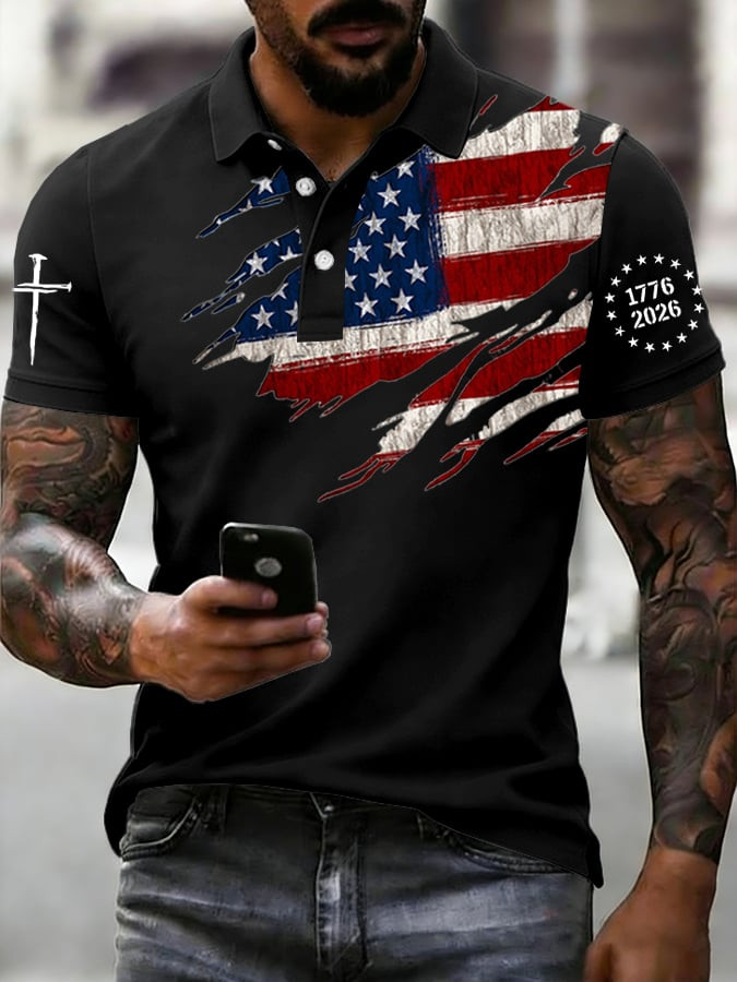 USA 250th Anniversary Polo Shirt Faith Cross 1776 2026 Merch Fourth Of July Gifts For Men