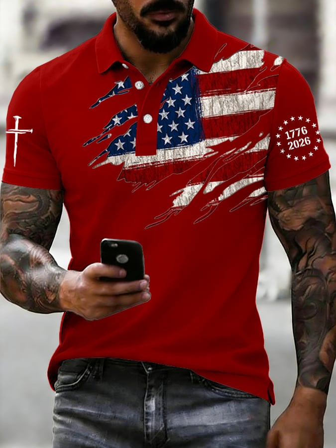 USA 250th Anniversary Polo Shirt Men's Faith Cross 1776 2026 Merch Best 4Th Of July Gifts