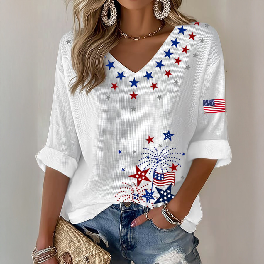 USA 250th Anniversary Stars V-Neck Long Sleeve Shirt Fourth Of July Apparel Wife Gift