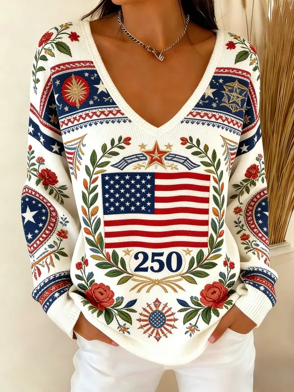 USA 250th Anniversary V-Neck Long Sleeve Shirt Patriotic USA Flag Floral Gift For Her