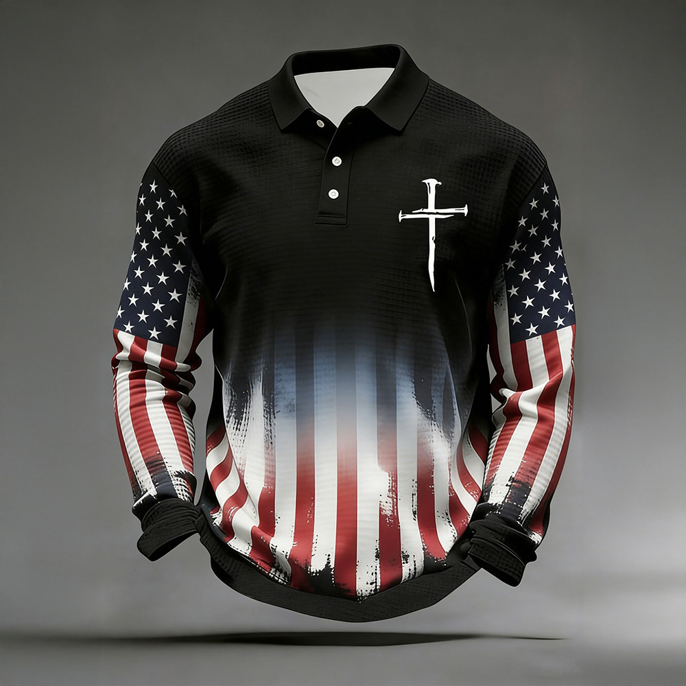 USA American Flag Cross Faith Polo Long Sleeve Shirt 4th Of July Merchandise Gift For Him