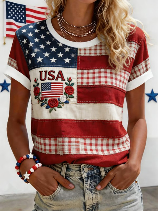 USA American Flag Floral T-Shirt Patriotic Rose Plaid Style 4th Of July Best Gift For Family Fan
