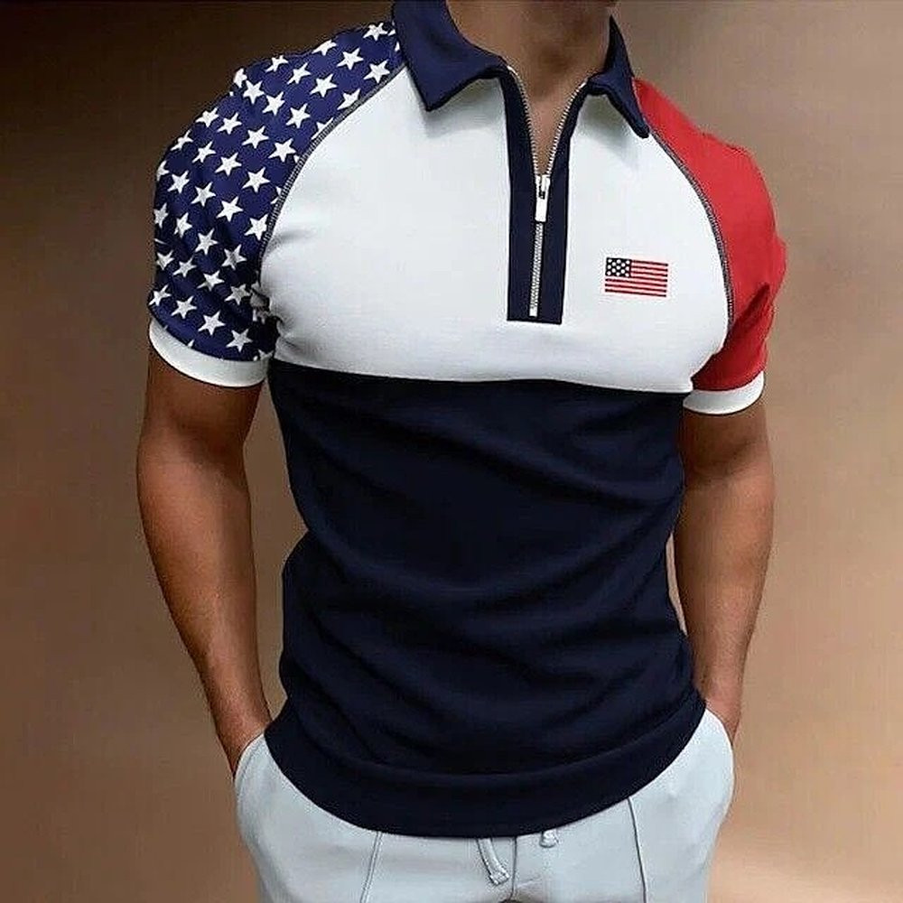USA American Flag Zipper Polo Shirt Golf Tee Gifts For Father