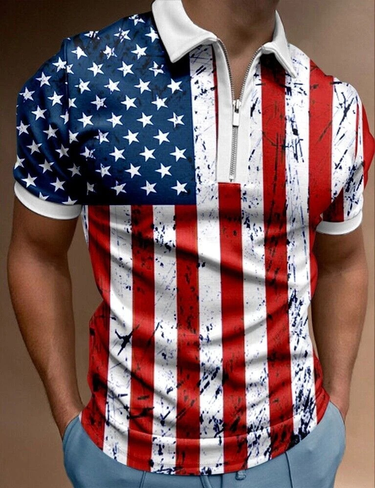 USA American Flag Zipper Polo Shirt Men's Patriotic Shirt Presents For Boyfriend
