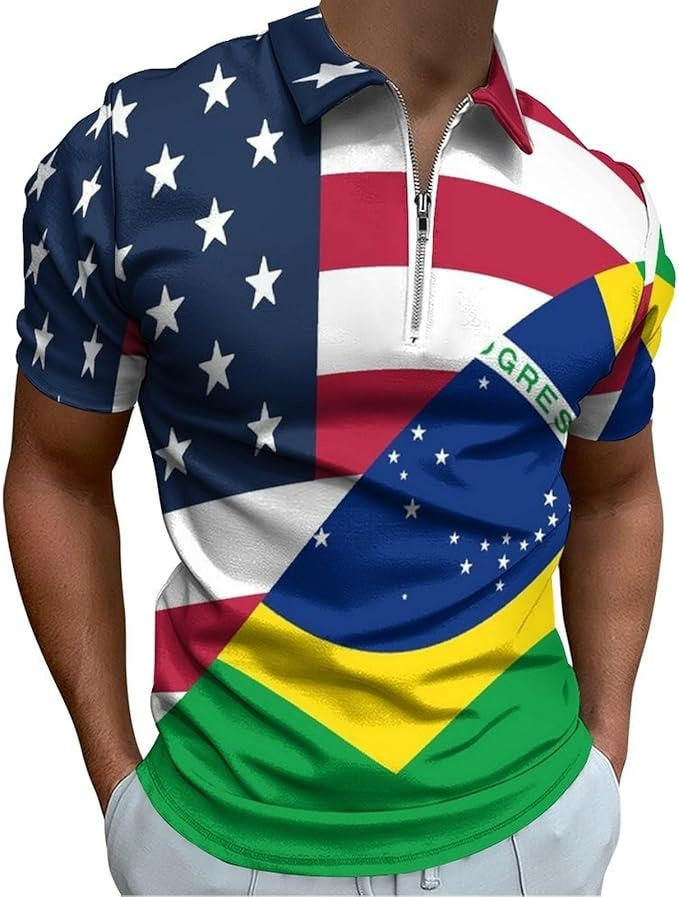 USA And Brazilian Flag Men's Zipper Polo Shirt Birthday Gift Ideas For Boyfriend