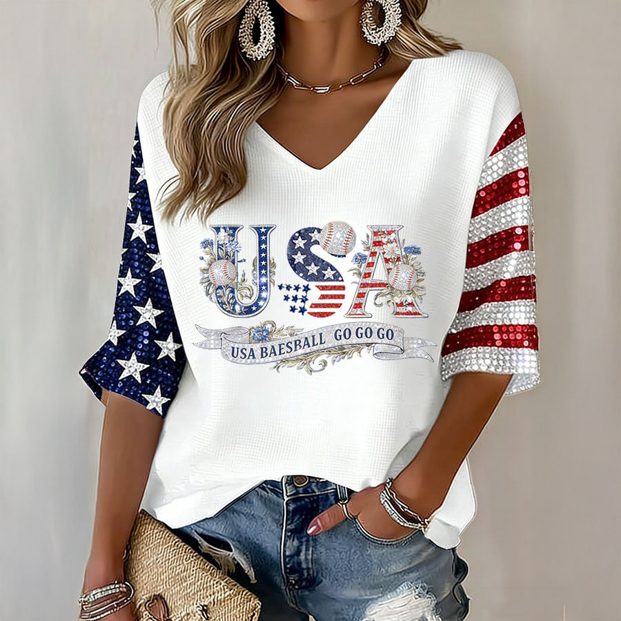 USA Baseball Go Go V-Neck Long Sleeve Shirt USA Baseball Merch Game Day Gift For Fans