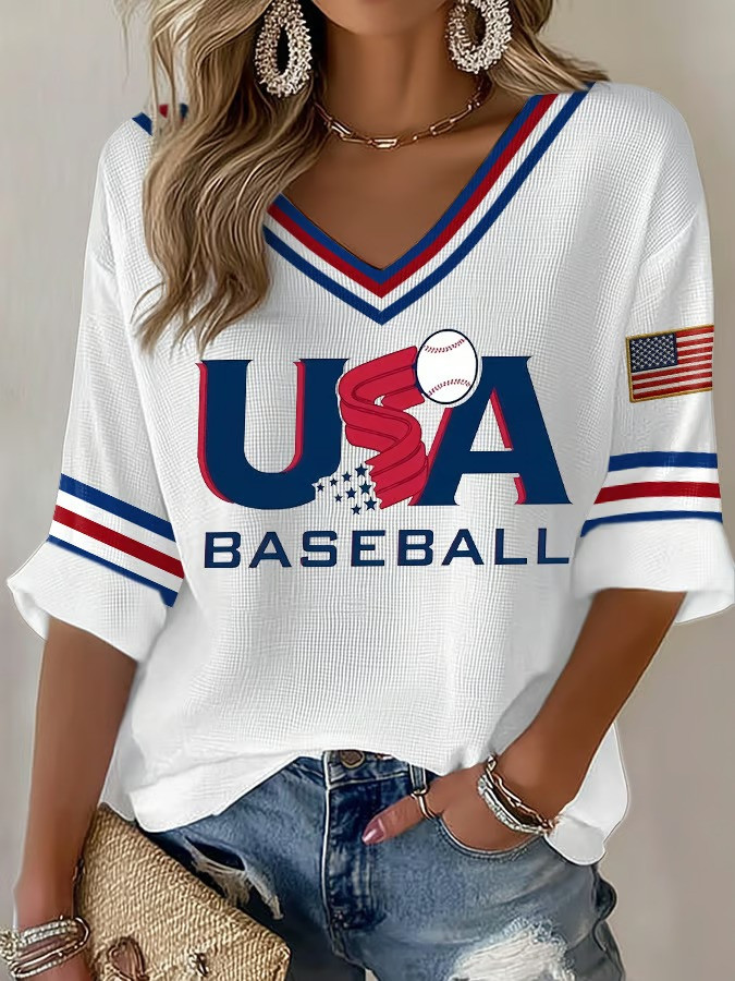 USA Baseball Long Sleeve V-Neck Shirt WBC 2026 Fan Gear American Flag Shirt Best Gift For Baseball Fans