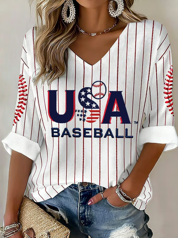 USA Baseball Pinstripe V-Neck Long Sleeve Shirt WBC 2026 Fan Gear American Flag Baseball Shirt Best Gift For Fans