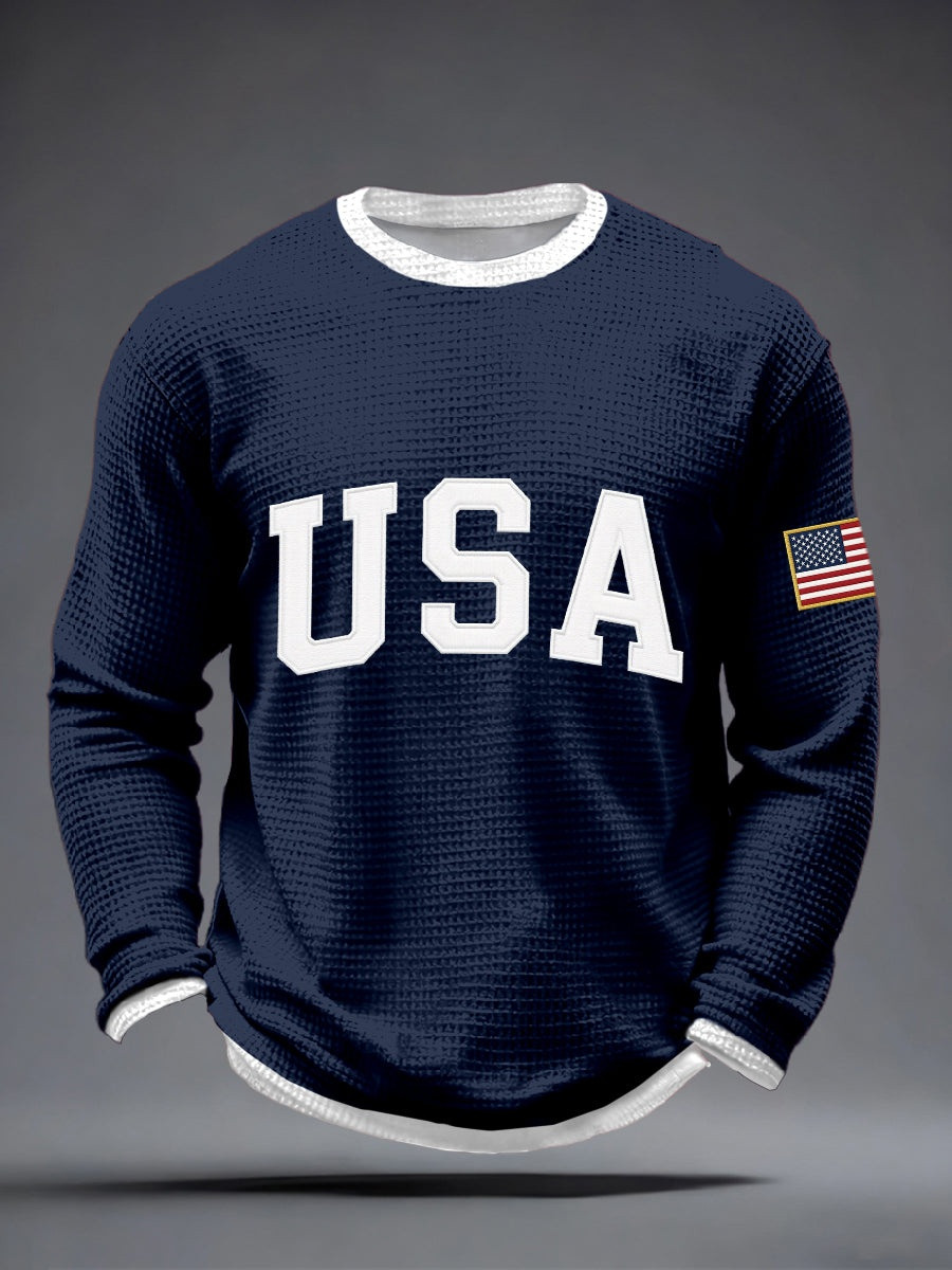 USA Block Letter Long Sleeve Shirt Mens Patriotic Apparel 250th Anniversary Gift For Him
