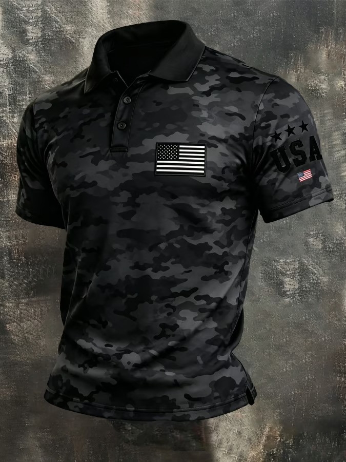 USA Camo Polo Shirt American Flag Patch Patriotic Military Fourth Of July Best Gift For Veterans