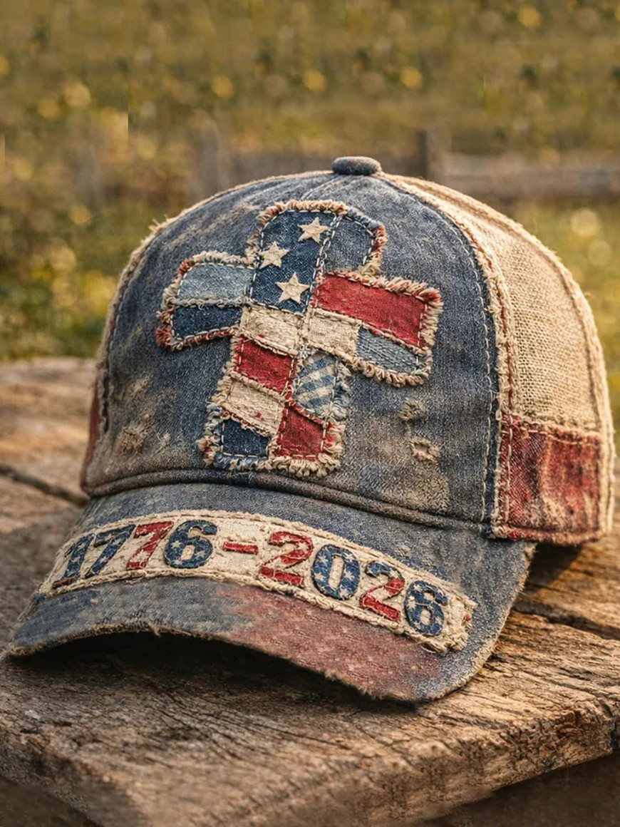 USA Cross Patch Hat 1776-2026 American Flag Hat Patriotic Vintage Denim Cap Gift for Him