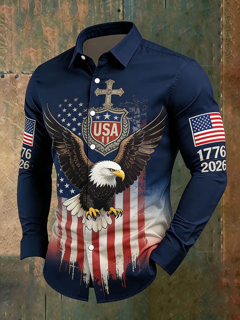 USA Eagle 1776-2026 Button Long Sleeve Shirt American Flag Clothes Unique Gift For Friends