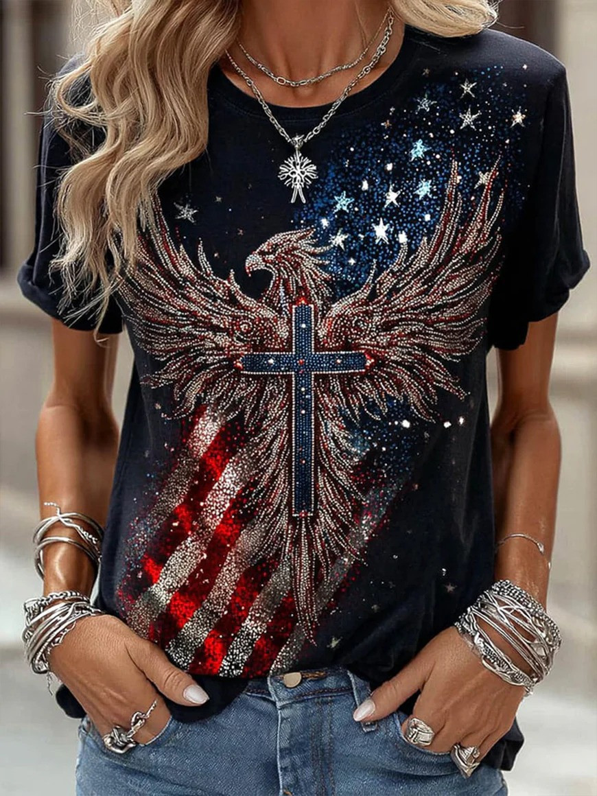 USA Eagle Cross T-Shirt Patriotic American Flag Apparel Gift For Independence Day