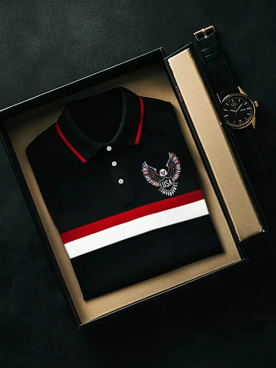 USA Eagle Print Polo Shirt with Short Sleeves Perfect Patriotic Gift for Men
