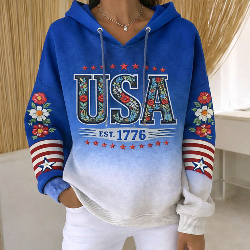 USA Est 1776 Floral Hoodie 250th Anniversary Of America Clothing Gift For Her