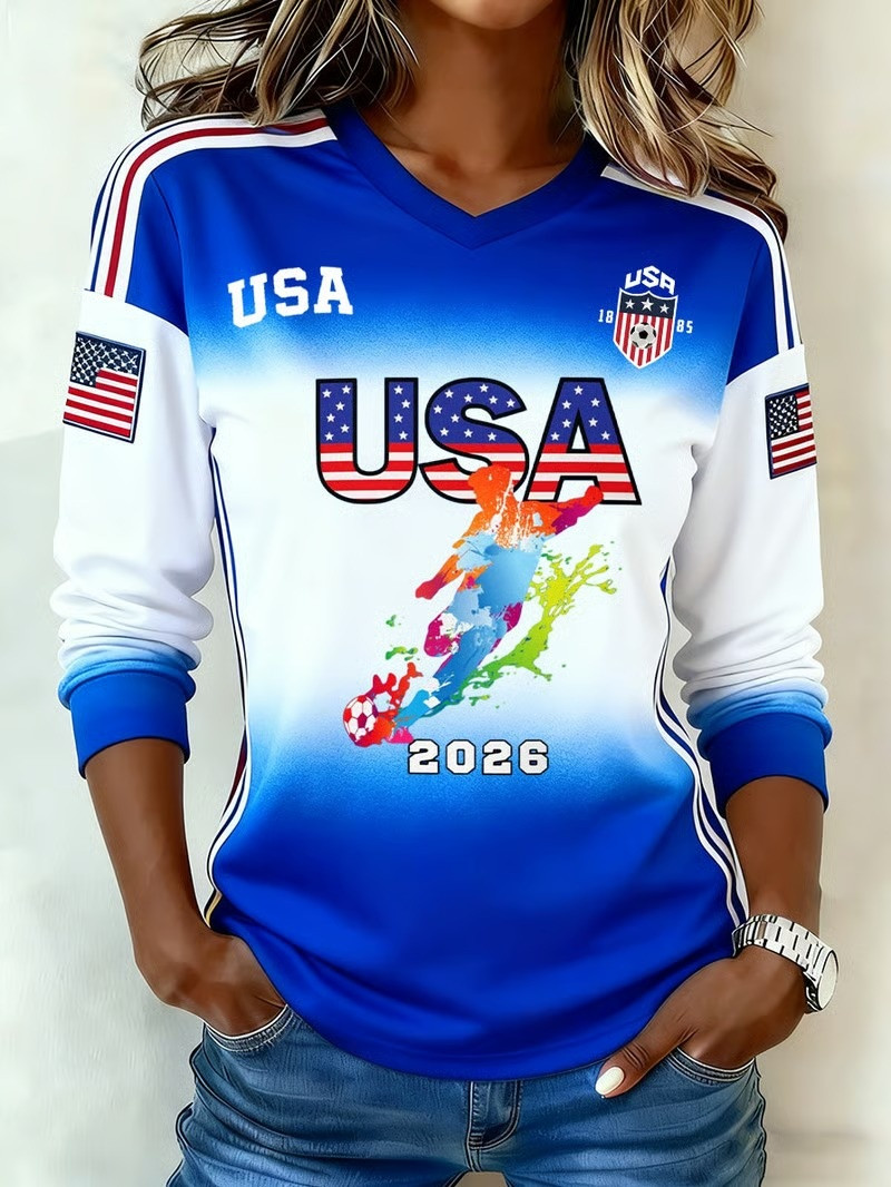 USA FIFA World Cup 2026 V-Neck Long Sleeve Shirt Fan Gear Womens Shirts Gift