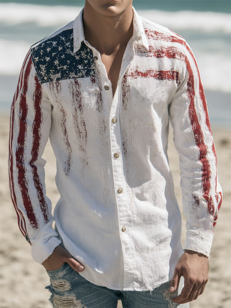 USA Flag Button Long Sleeve Shirt 250th Anniversary USA Clothes Patriotic Gift For Him