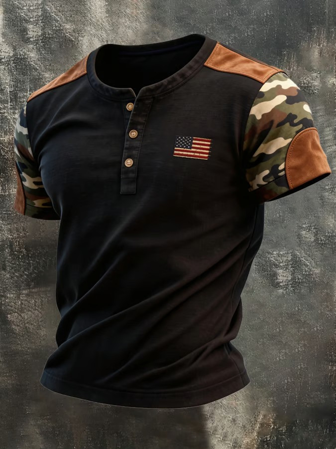 USA Flag Camo Henley Button Shirt Military Inspired Tee Patriotic American Clothing