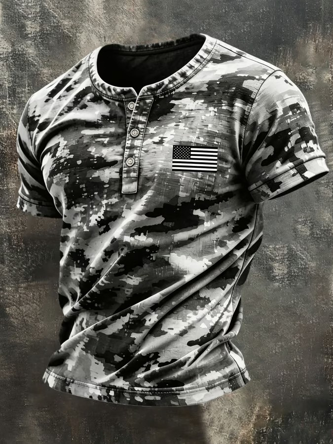 USA Flag Camo Henley Shirt American Flag Patch Apparel Father Days Gift Ideas