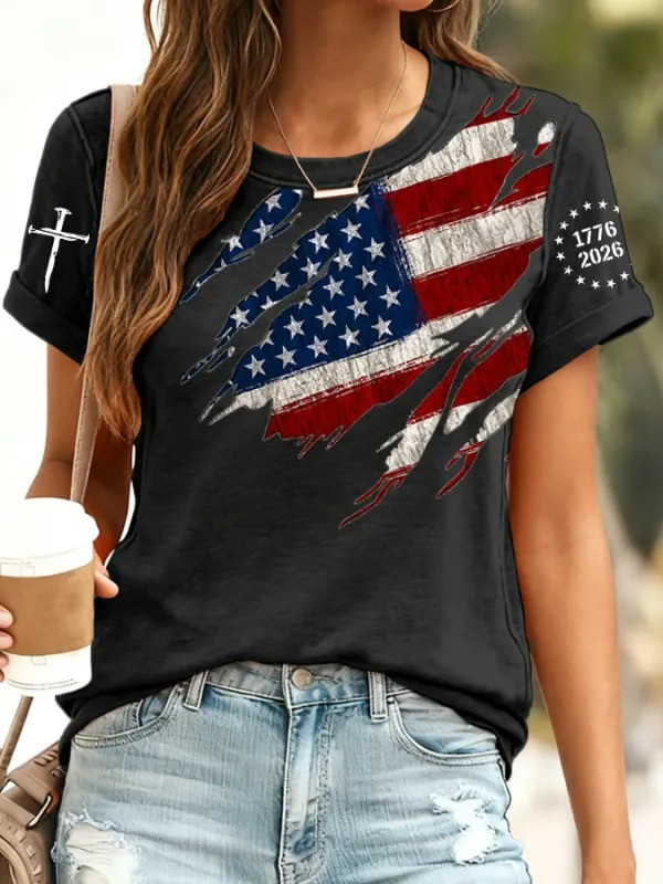 USA Flag Cross T-Shirt 1776-2026 Patriotic American Flag And Cross Apparel Independence Day Gift