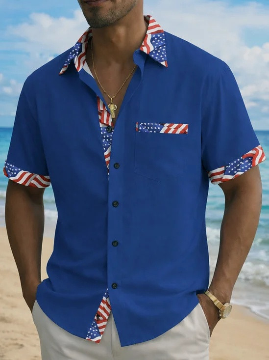 USA Flag Detail Hawaiian Button Shirt 4Th Of July Apparel Clothing Gift For Independence Day