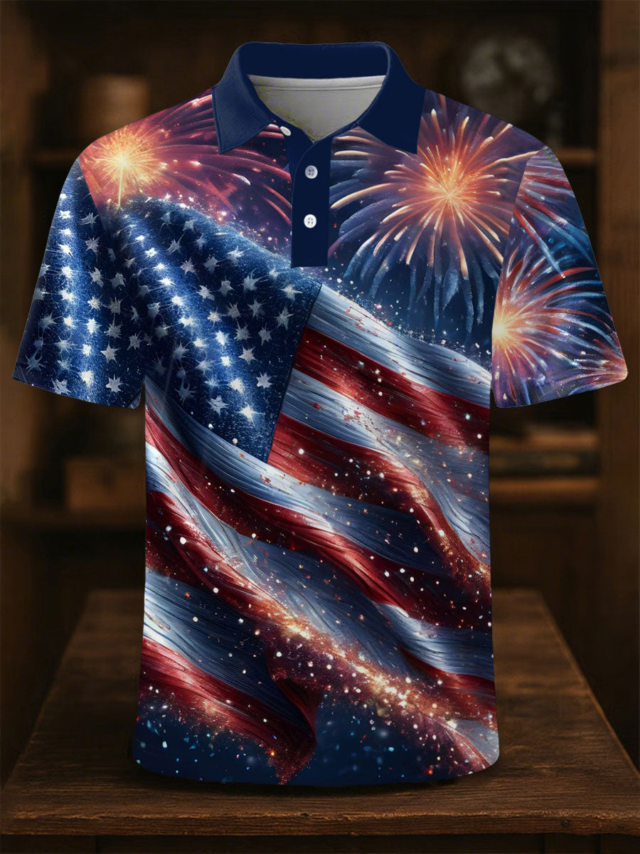 USA Flag Fireworks Men's Polo Shirt Patriotic Gift for Independence Day Fans Casual Wear