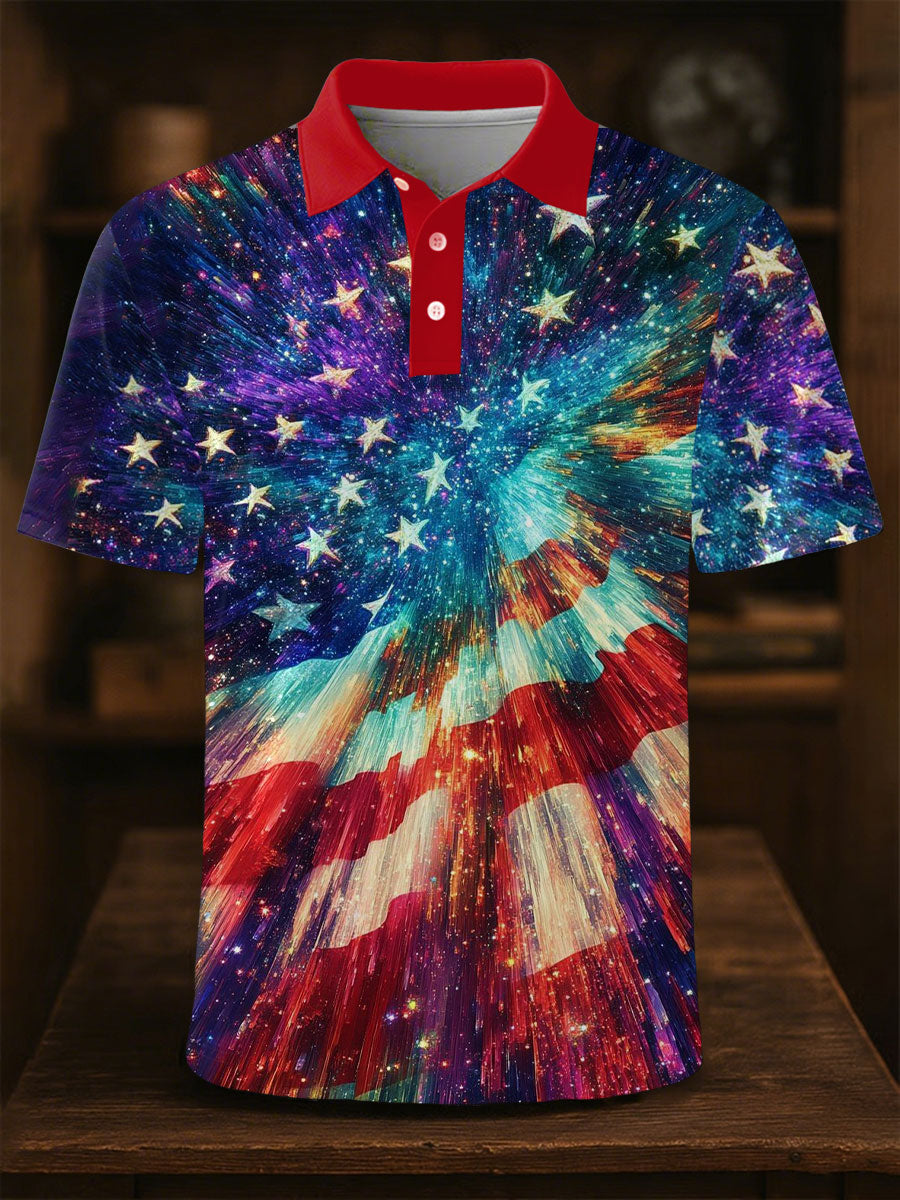 USA Flag Fireworks Polo Shirt Patriotic Gift for Independence Day Fans Star Print Top