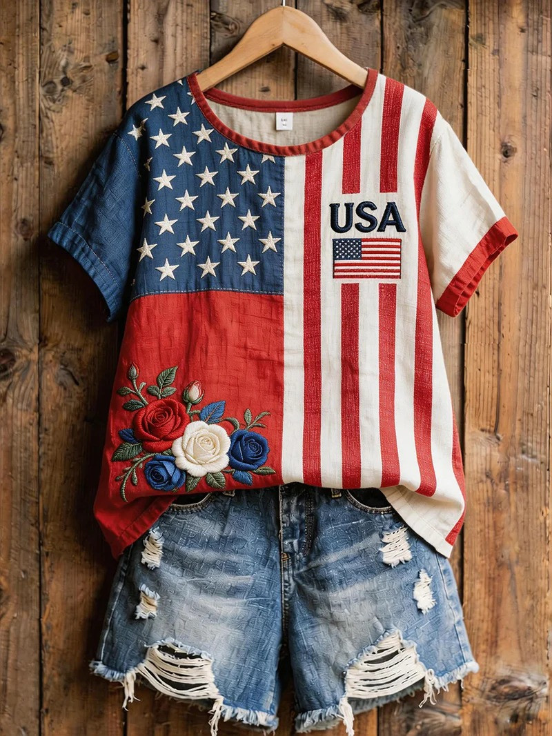 USA Flag Floral Patchwork T-Shirt Patriotic USA Flag Clothing Mother Day Gift Ideas