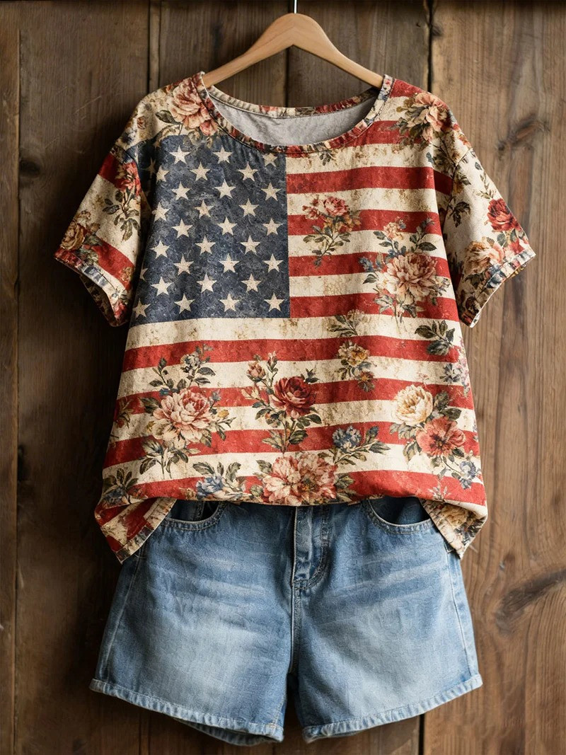 USA Flag Floral T-Shirt Vintage American Flag Tee 4th Of July Shirt Perfect Gift For Her