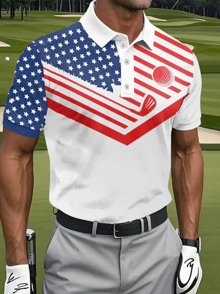 USA Flag Golf Shirt for Men Patriotic Gift Fourth of July Celebration Sports Polo