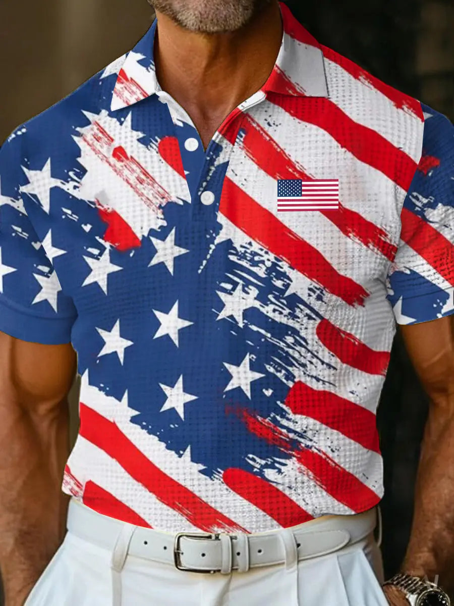 USA Flag Golf Shirt Men's Patriotic Gift for American Pride Supporters Waffle Texture Polo