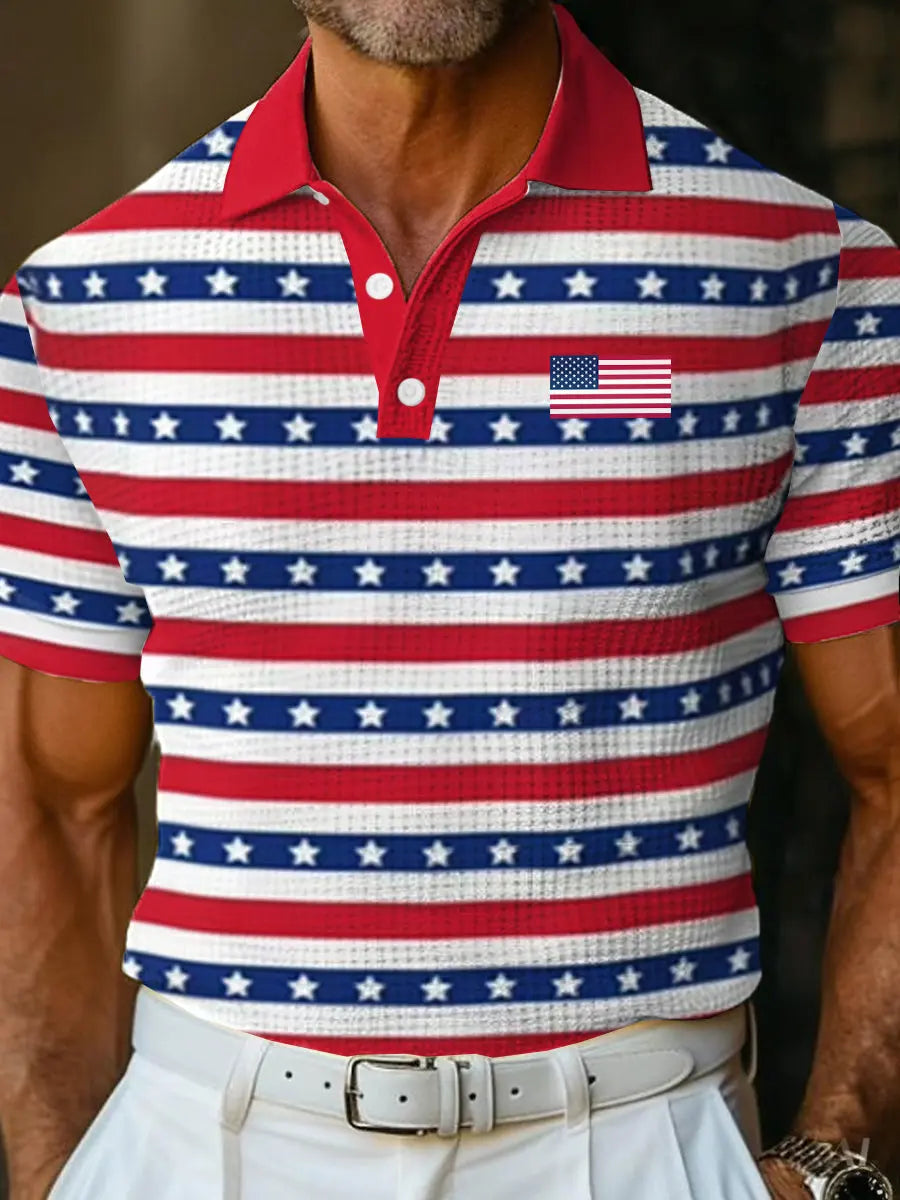 USA Flag Golf Shirt Patriotic Gift for Supporters Casual Men's Waffle Fabric Top
