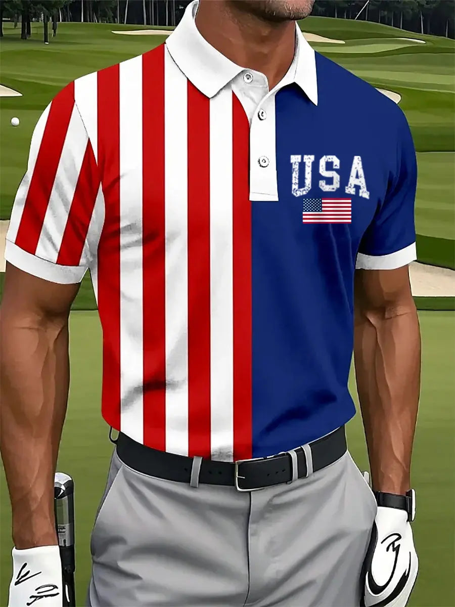 USA Flag Golf Shirt Patriotic Gift Men's 4th of July Shirt for American Pride