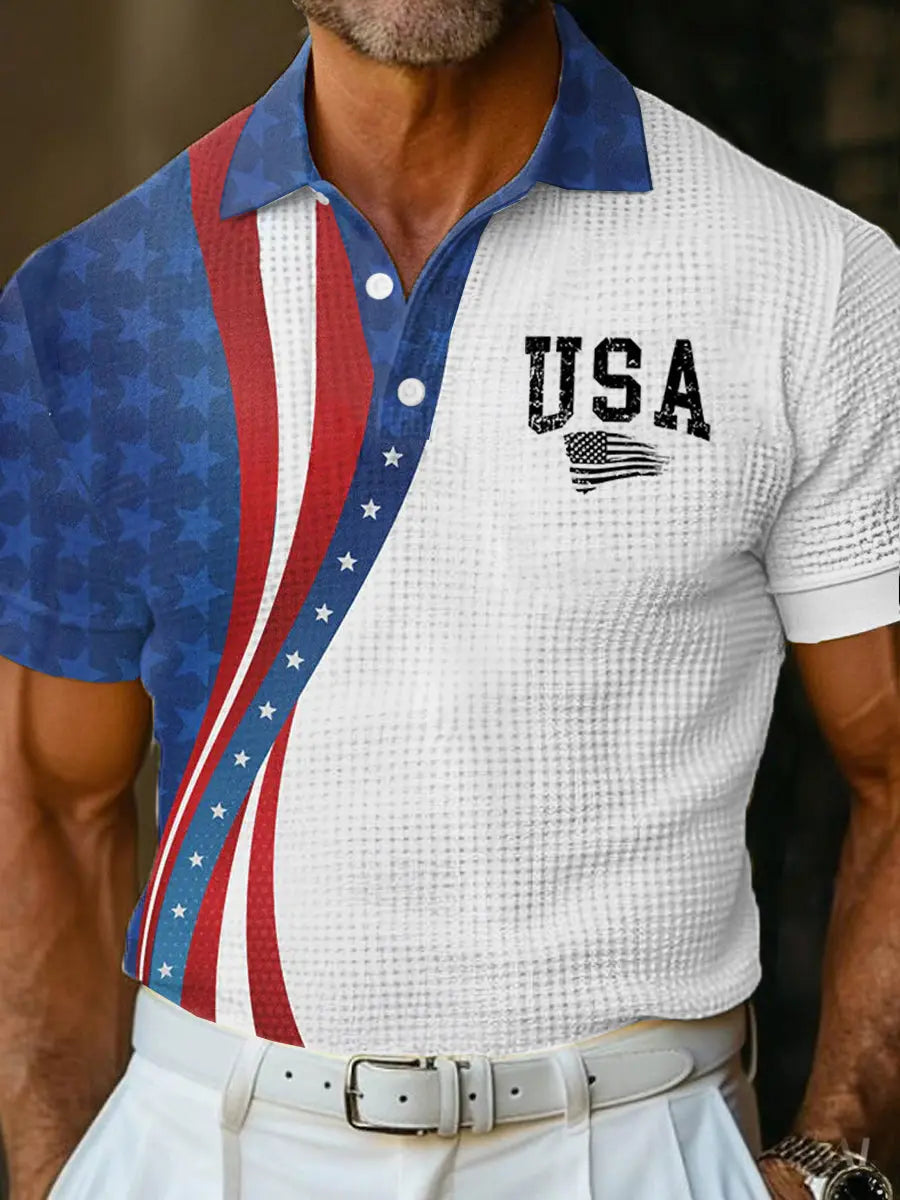 USA Flag Golf Waffle Shirt Patriotic Gift for American Pride Supporters
