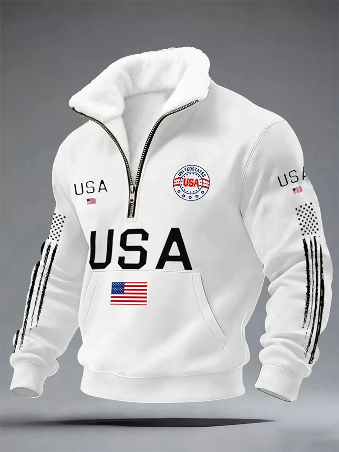USA Flag Half Zip Sweatshirt Patriotic USA Flag Apparel Independence Day Clothes Gift For Men