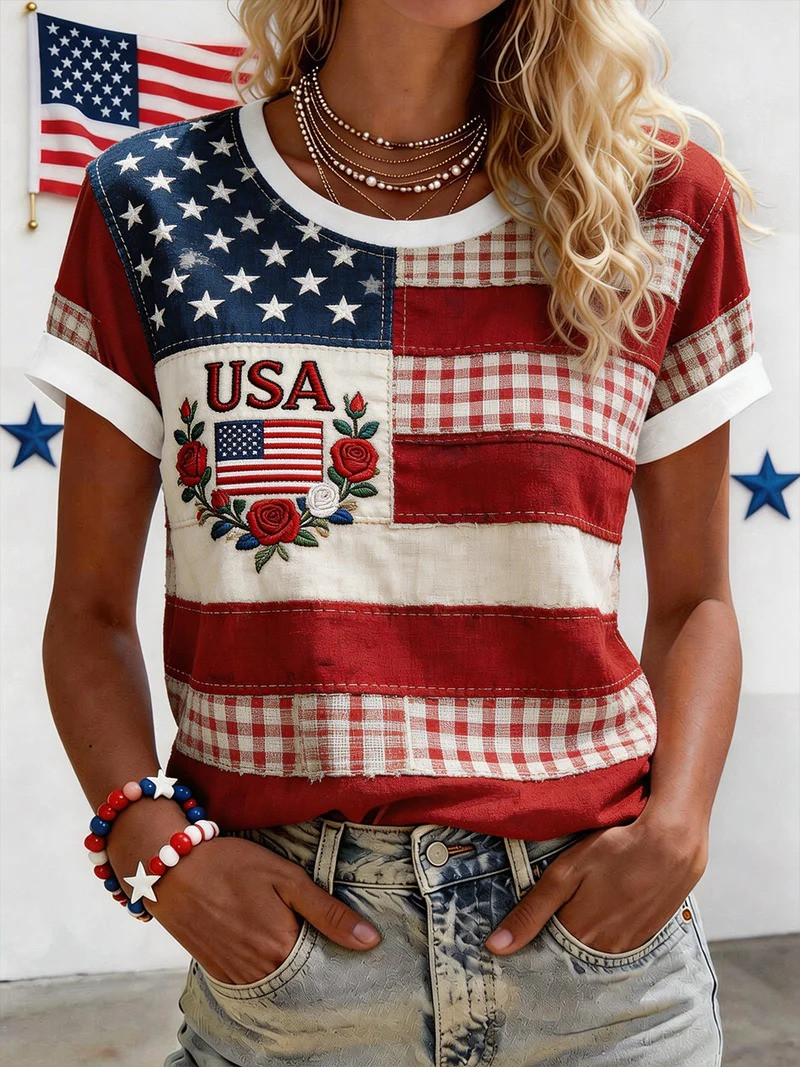 USA Flag Patchwork T-Shirt America Flag Shirt Independence Day Clothes Fourth Of July Gifts