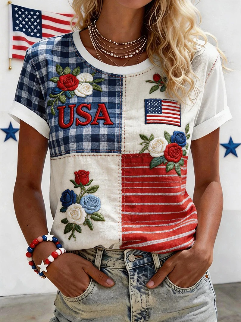 USA Flag Patchwork T-Shirt Bright Floral Roses Shirt Independence Day Clothes Gift For Her