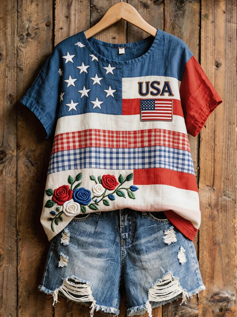 USA Flag Patchwork T-Shirt Patriotic American Flag Shirt 4Th Of July Clothes Gift for Her
