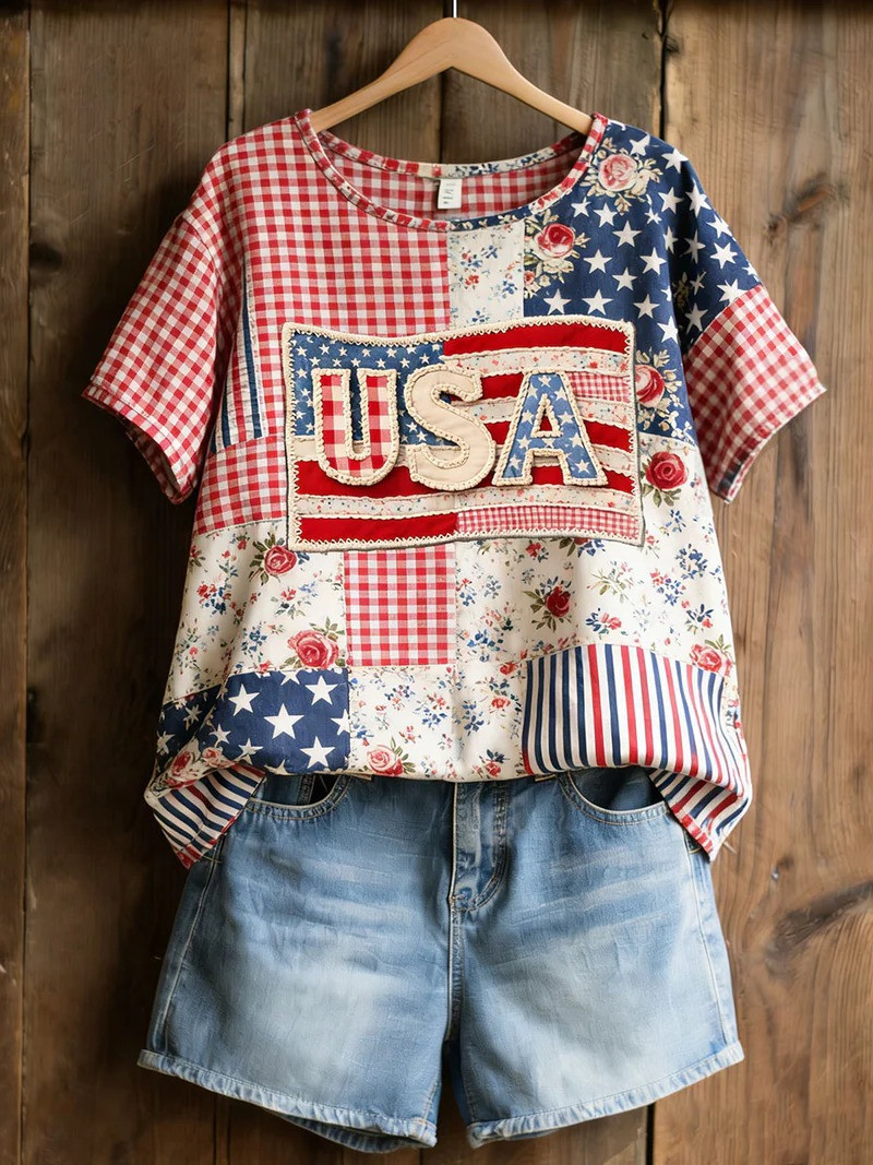USA Flag Patchwork T-Shirt Vintage American Flag Clothes 4th Of July Shirt Gift For Mom