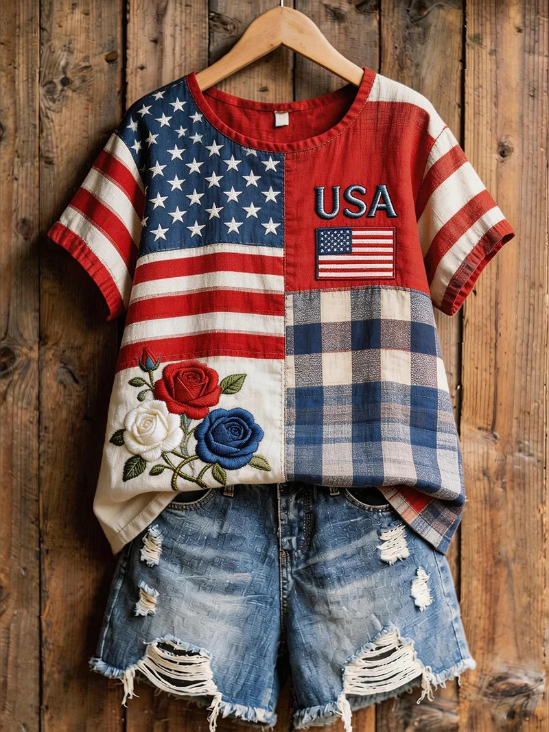 USA Flag Patchwork T-Shirt Vintage American Stars TeeIndependence Day Apparel Gift For Her