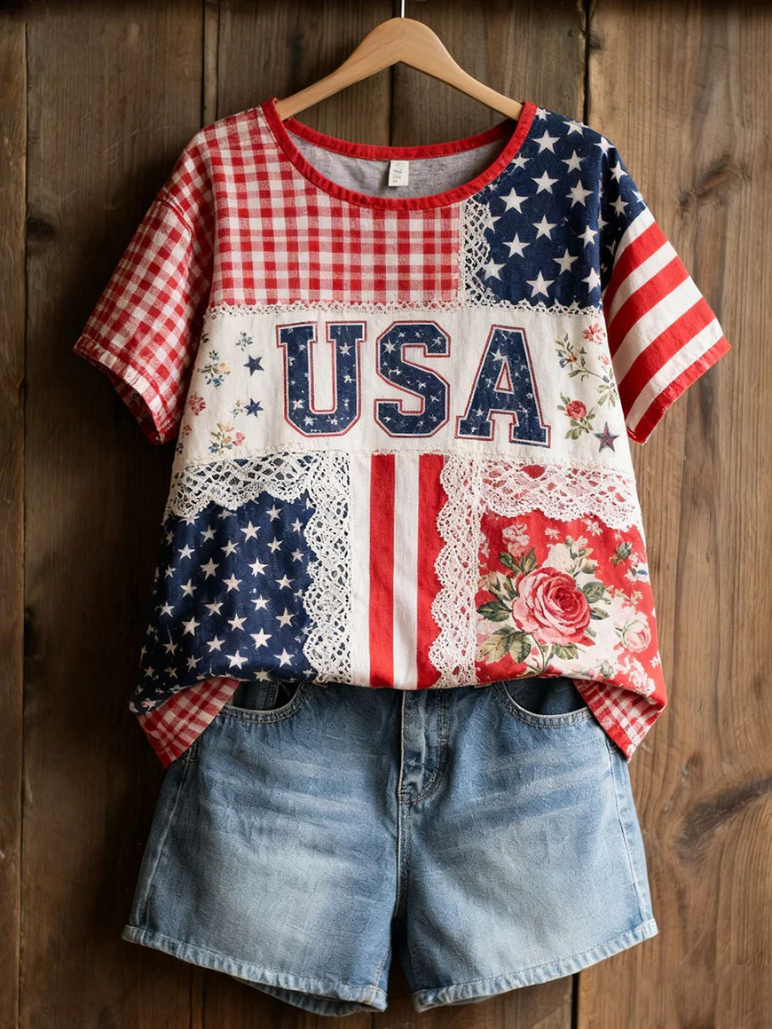 USA Flag Patchwork T-Shirt Vintage Patriotic Clothing Independence Day Apparel Gift For Women