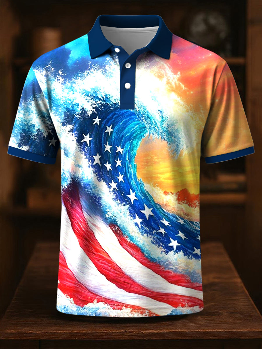 USA Flag Patriotic Polo Shirt Independence Day Gift for Supporters Blue Wave Design